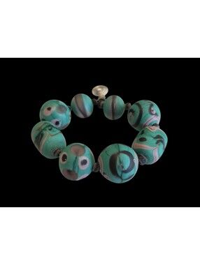 Vintage Artisan Lampwork Glass Bead Bracelet Teal Pink Swirl Matte Focal 34.9g
